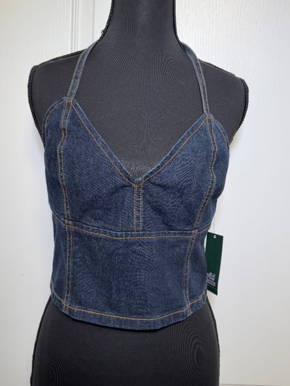 Wild Fable Denim Halter Crop Top Dark Wash Tie Neck Back Zip NWT Size S